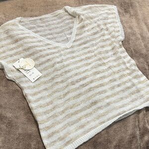 NWT Striped V-Neck Knit Top in Ivory and Beige from France